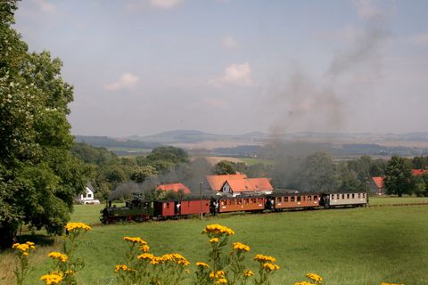 Ein Dampflok mit vier Wagons fährt an einer Wiese entlang. Im Hintergrund ist eine hügelige Landschaft mit Feldern zu erkennen.