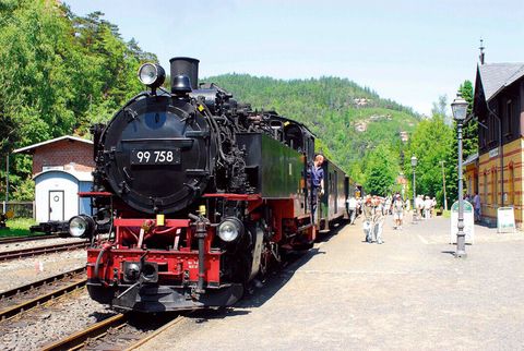 Die Schmalspurbahn steht im Bahnhof.