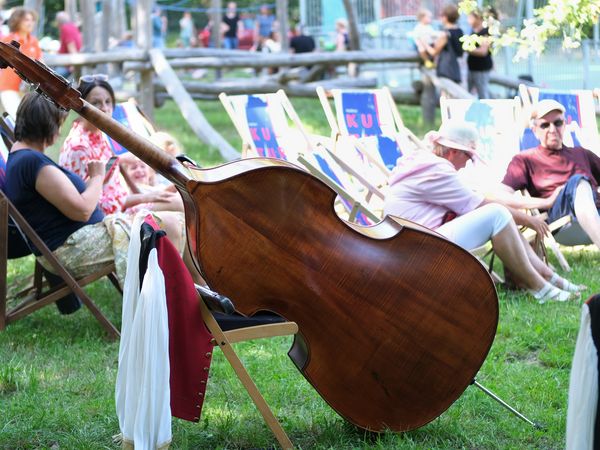 Menschen sitzen in Liegestühlen auf der Wiese, im Vordergrund steht ein Kontrabass