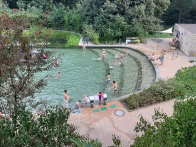 Menschen baden im Naturbad Zschonergrund im Grünen / People swimming in Zschonergrund natural pool surrounded by greenery