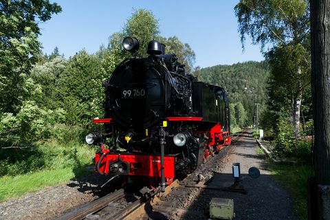 Eine schwarze Schmalspurbahn fährt bei Oybin durch die Landschaft. 