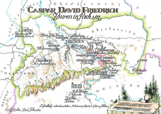Eine Karte der Stationen von Caspar David Friedrich