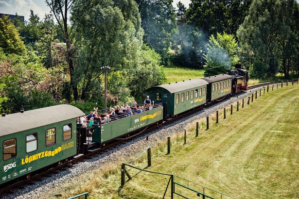 Eine grüne Bahn fährt an einer Wiese vorbei. Es ist die Lößnitzgrundbahn bei Radebeul. 