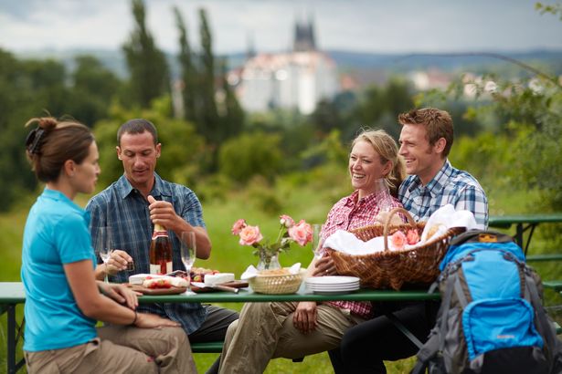 Zwei Pärchen haben ein Picknick mit Wein, Käse und Brot