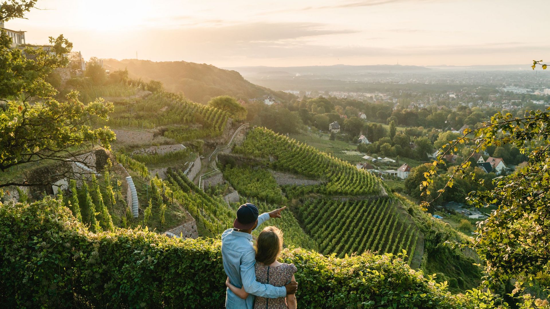 Pärchen hält sich in den Armen und schaut über die Weinberge