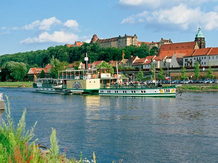 Raddampfer fährt auf der Elbe entlang