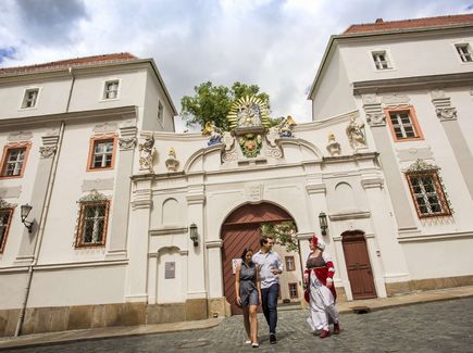 Pärchen wird von einer Stadtfuehrerin in einem historische Gewand begleitet