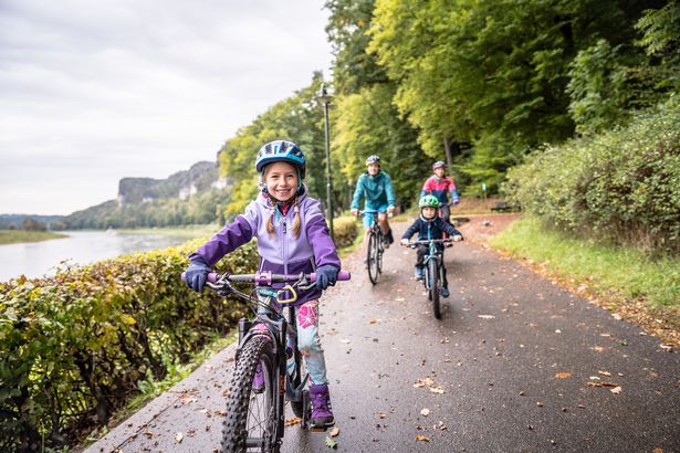 Eine Familie radelt auf einem Radweg an der Elbe entlang.