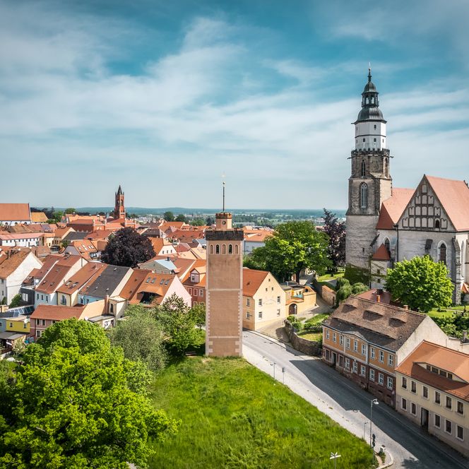 St. Marienkirche mit hohem Turm und Roter Turm mit quadratischem Grundriss in Kamenz, umgeben von roten Dächern und grüner Landschaft / St. Marienkirche with tall tower and Roter Turm with square base in Kamenz, surrounded by red roofs and green landscape