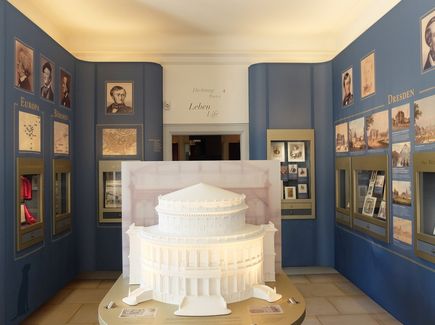 Ausstellungsräume der Richard Wagner-Staetten in Pirna. In der Mitte des Raumes steht ein Modell der Semperoper und an den Wänden hängen Bilder und Ausstellungsstücke aus dem Leben des Komponisten.