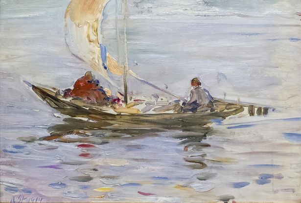 Auf einem Gemälde ist ein Fischerboot zu sehen. Das Bild gehört zur Ausstellung im Robert-Sterl-Haus in Struppen. 