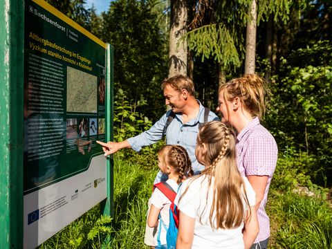 Familie mit zwei Mädchen steht vor einer Wegetafel. Sie sind wandern in Eibenstock im Erzgebirge.