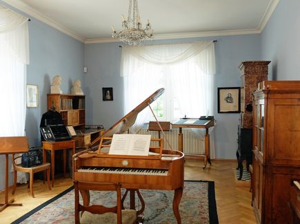 Das Geburtszimmer von Robert Schumann mit Besitzstücken aus der Familie Schumann-Wieck. In der Mitte des Zimmers befindet sich ein Flügel und am Fenster ein Stehpult an dem Schumann komponierte.