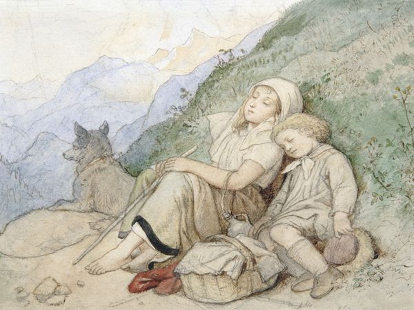 Titelmotiv »TRAUMZEIT«, Adrian Ludwig Richter, Zwei Kinder auf einer Rast im Gebirge, um 1860