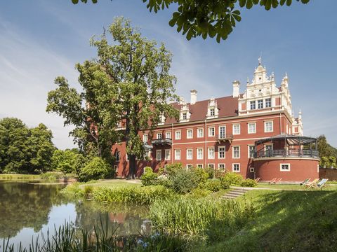 Das Bild zeigt das Neue Schloss und den Landschaftspark des Fürst-Pückler-Parks in Bad Muskau.