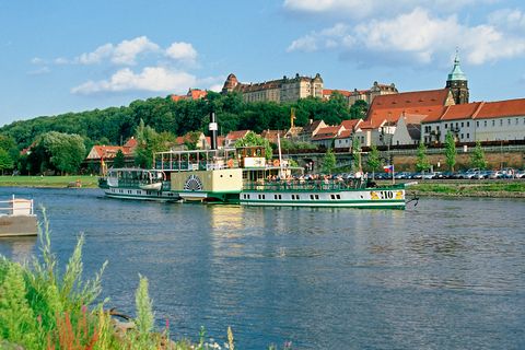 Raddampfer fährt auf der Elbe entlang