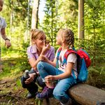 Eine Mutter mit zwei Mädchen geht wandern im Erzgebirge in Eibenstock. Sie machen Pause auf einem Baumstamm. 