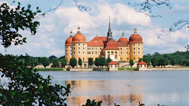 Blick auf den Schlossteich im Vordergrund und dem Schloss Moritzburg im Hintergrund