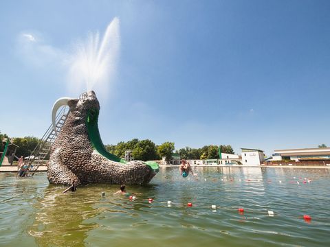 Ein Freibad im Trixi Ferienpark. Im Wasser steht eine Rutsche in Form von einem Walross.
