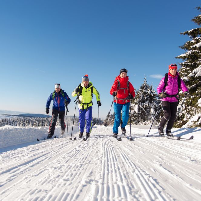 Vier Personen in der Langlaufloipe am Fichtelberg. Es ist herrliches Winterwetter bei strahlendem Sonnenschein.